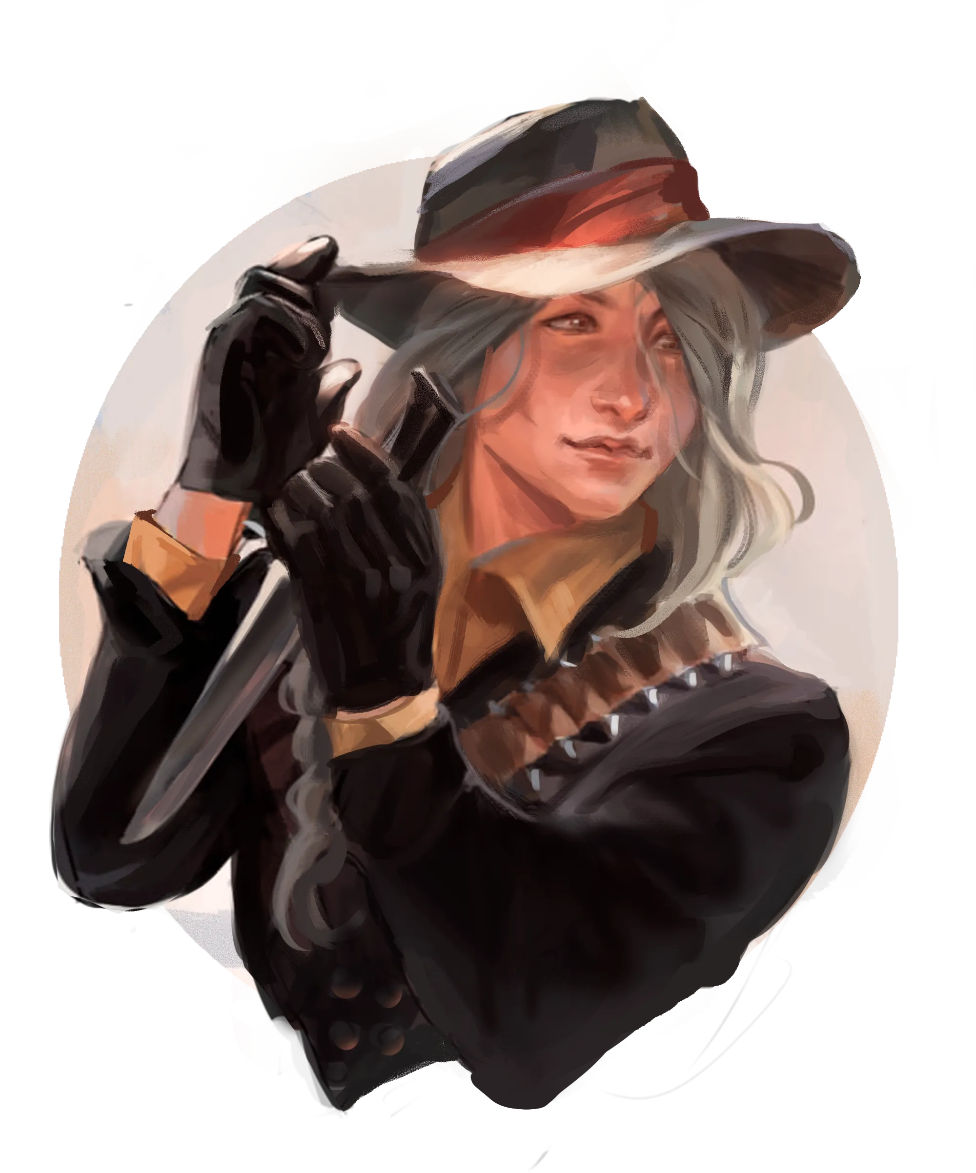 Johanna McAllister as a gunwoman for the Van der Linde Gang, standing in front of a backdrop of a mountainous pine forest.