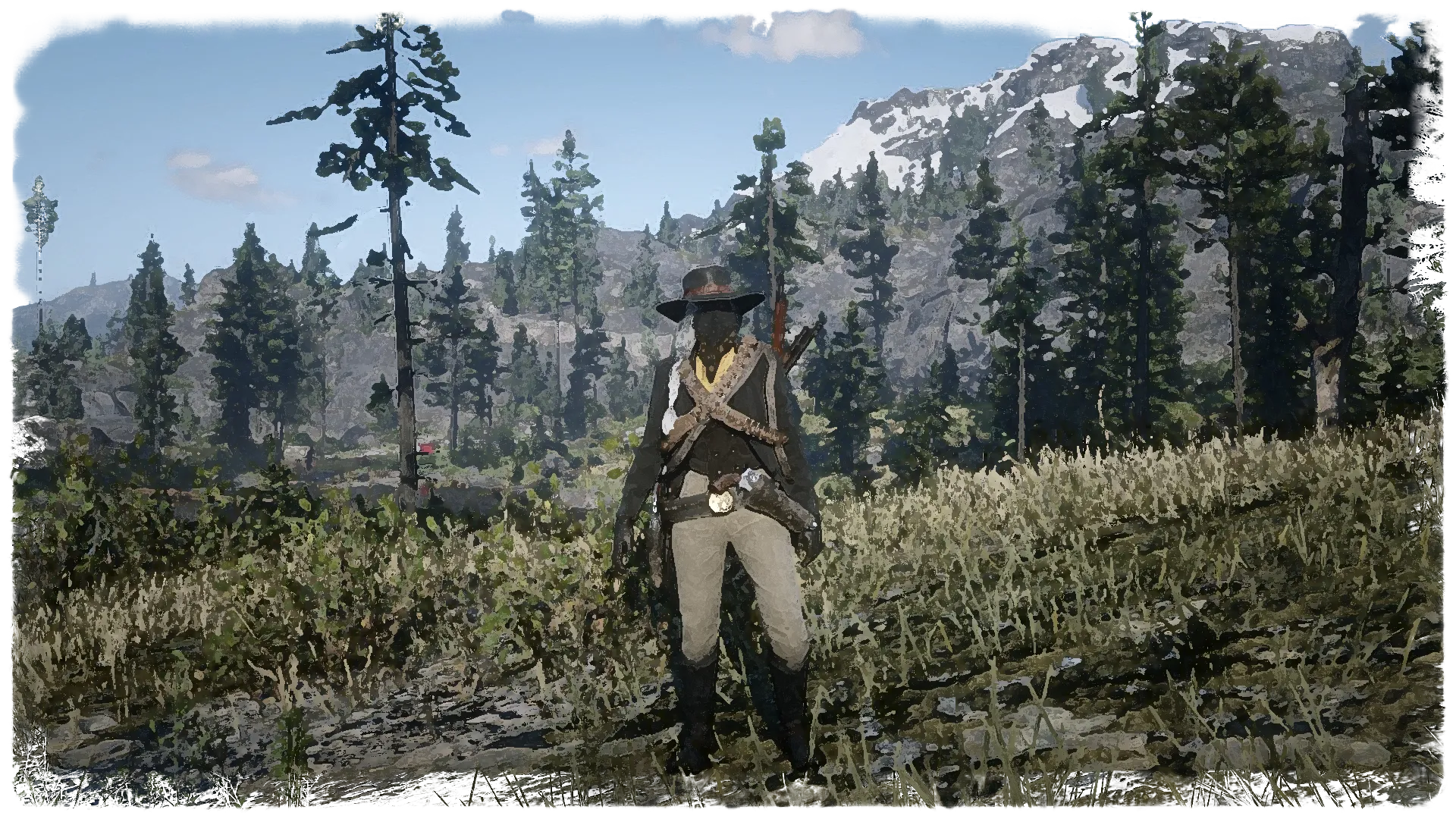 Johanna McAllister as a gunwoman for the Van der Linde Gang, standing in front of a backdrop of a mountainous pine forest.